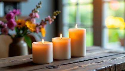 Warm creamy white candles, dark wood table, autumnal flowers  peace, tranquility, cozy home ambiance 
