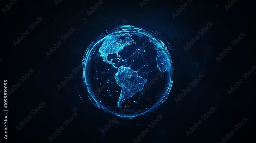 Poster abstract digital blue background with glowing connections and a global map, internet connection of t