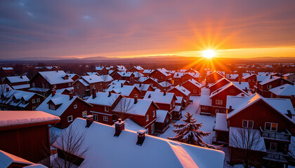 Snowy red houses winter sunset aerial view warm orange purple tones peaceful winter wonderland 
