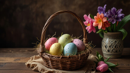 Festive basket with colorful Easter eggs, surrounded by pink flowers.Spring card on a vintage sepia-colored background for Easter celebrations and spring-themed decorations