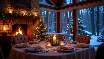 Warm candlelight illuminates a cozy Christmas Eve dinner setting  cream beige and warm orange hues evoke festive cheer 
