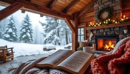 Cozy winter cabin scene  book, warm blanket, fire, snowy landscape  beige, orange  peaceful, relaxing Christmas holiday 
