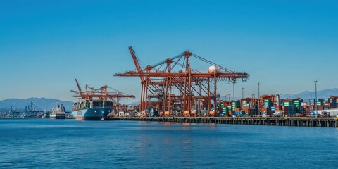 Naklejka premium Port terminal with cranes and shipping containers stacked high, large ships docked nearby.