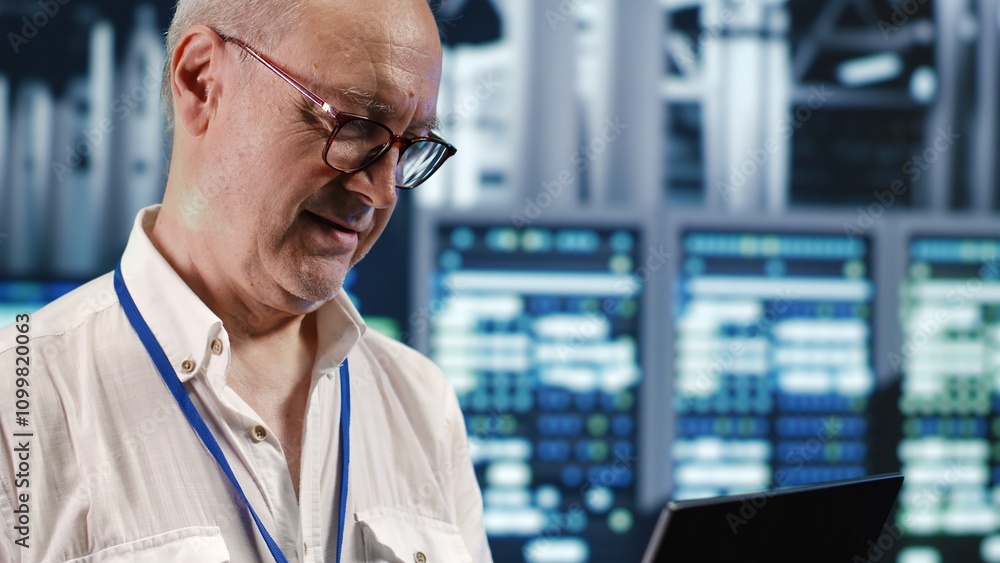 Poster trained it professional navigating network of supercomputers in industrial server room. supervisor w