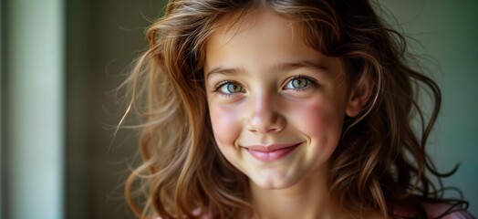 Fototapeta premium Attractive girl with lovely smile, curly hair. Young girl portrait. Smiling child face closeup. Beautiful kid. Innocent, pure look. Child in studio. Soft light on face. Photo of child. Happy child.