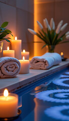 Warm yellow candles white towels blue water spa relaxation serenity
