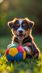 Adorable tri-color puppy plays with colorful ball joyful summer pet image 

