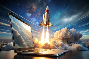 Naklejka premium a computer screen with a rocket flying in the sky and a rocket flying in the sky