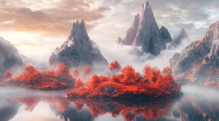 The mountains and water make up an autumn red maple forest on small islands surrounded by fog. 