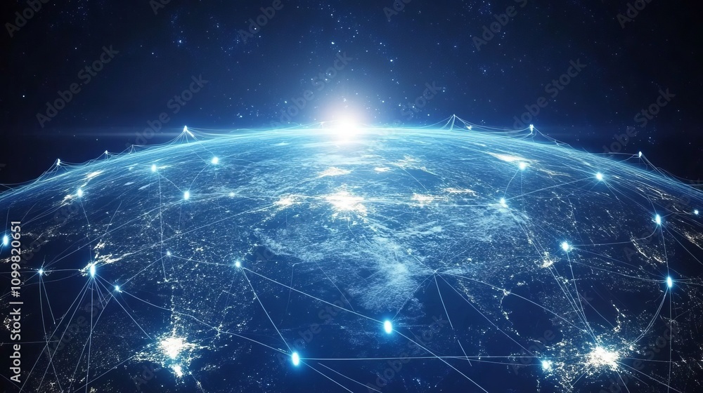Poster abstract digital blue background with glowing connections and a global map, internet connection of t