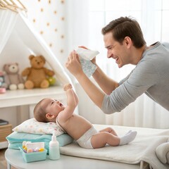 Father Changing Baby's Diaper