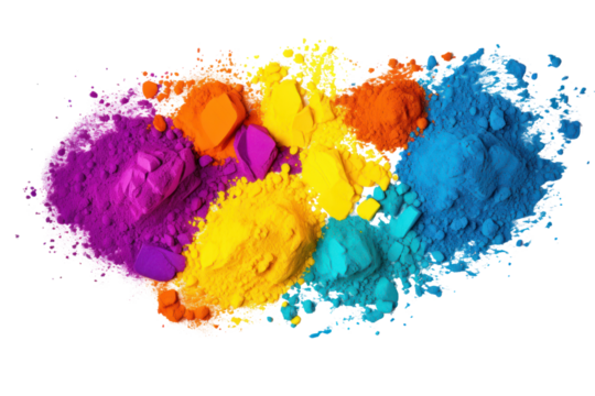 Vibrant assortment of Holi paint powders scattered across a white background