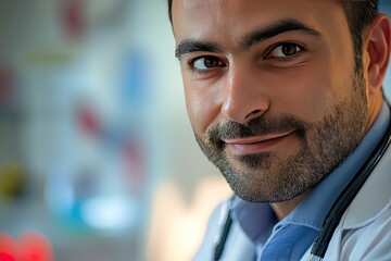 Obraz premium Handsome male doctor with a stethoscope, close-up portrait photo on a blurred background of a hospital office. The man in a white coat is looking at the camera and smiling