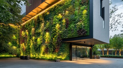 Modern Building with Vertical Garden and Green Wall at Sunset