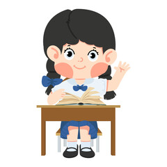 woman sitting at a desk with a book waving his hand