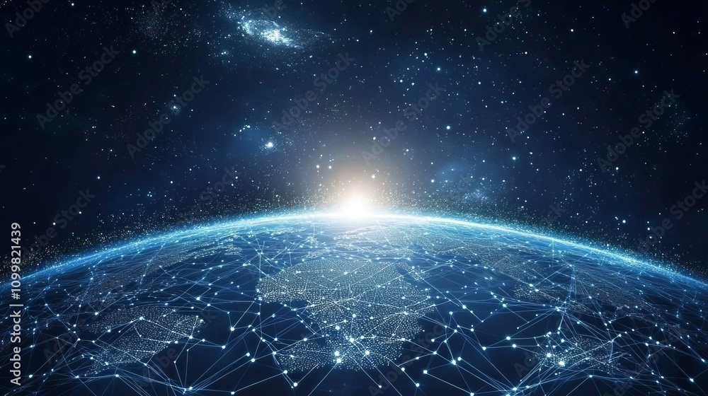 Poster abstract digital blue background with glowing connections and a global map, internet connection of t