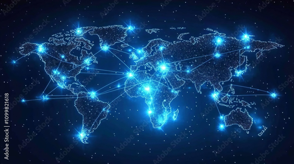 Aufkleber abstract digital blue background with glowing connections and a global map, internet connection of t
