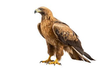 Fototapeta premium Side profile of a Golden Eagle standing proudly with its feathers fully visible and strong posture, isolated on white background