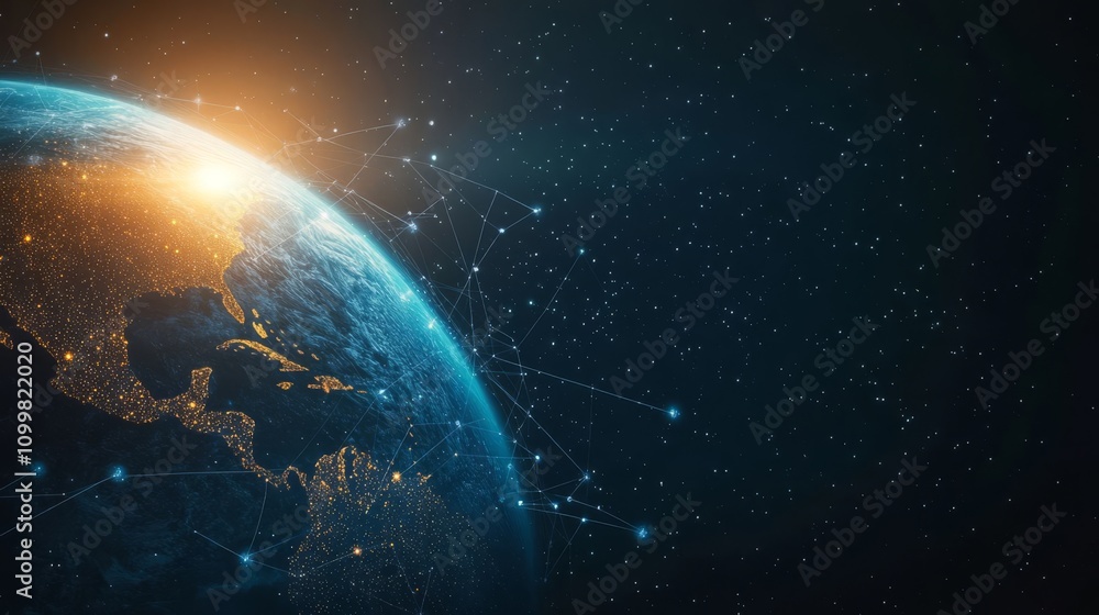 Poster abstract digital blue background with glowing connections and a global map, internet connection of t