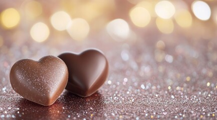 Fototapeta premium Two heart-shaped chocolates on a glittery background with bokeh lights, a Valentine's Day theme