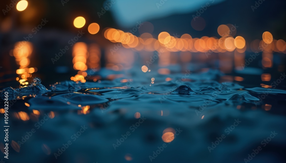 Aufkleber Water surface with light bokeh. Abstract pattern. Water texture. Night view. City lights reflection in water. Light splashes on dark water. Design with blue, orange colors. Ideal for wallpaper.