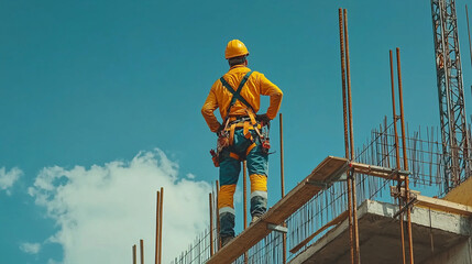 Construction worker wearing safety gear on a building site