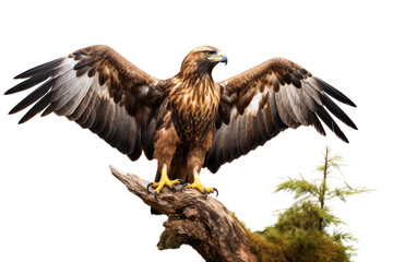 Obraz premium Majestic Golden Eagle perched on a branch with its wings slightly extended, showcasing its impressive wingspan isolated on white background