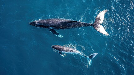 Fototapeta premium Aerial View of Humpback Whales Swimming in Clear Ocean Water