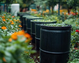 Fototapeta premium Rainwater collection barrels in community garden, sustainable resource management, vibrant greenery