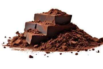 Fototapeta premium High-resolution image of a dark chocolate bar and a heap of cocoa powder positioned together on a pristine white background