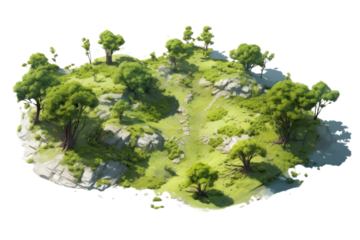 High-angle view of a serene green landscape with clusters of trees and patches of foliage, isolated on white background