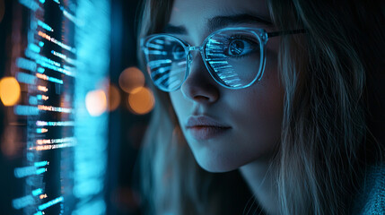 Focused woman analyzing data on digital holographic screen