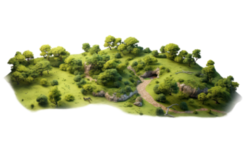 High-angle view of a serene green landscape with clusters of trees and patches of foliage, isolated on white background