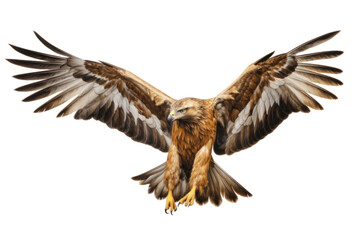 Fototapeta premium Golden Eagle in mid-flight, captured with outstretched wings and powerful beak, isolated on white background