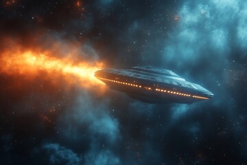 Obraz premium A large, glowing, alien shaped object is hovering over a dark, starry sky