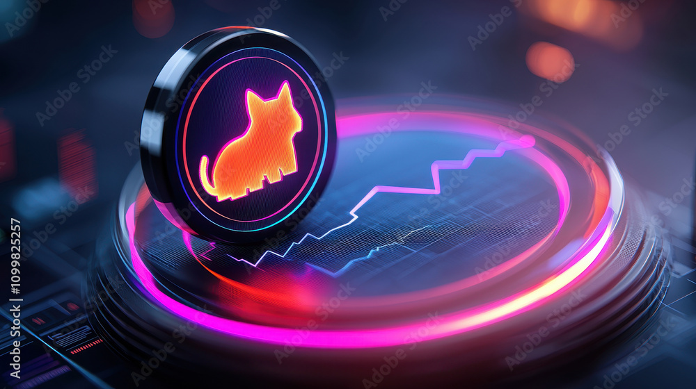 Poster cats in the stock market concept. a glowing coin with a cat silhouette sits on a digital display fea