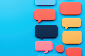 Obraz premium Social media marketing reach trends concept. Colorful speech bubbles arranged on a blue background, symbolizing communication and conversation.