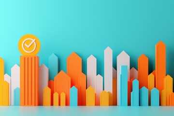 Social media marketing reach trends concept. A vibrant cityscape made of geometric shapes in orange, white, and blue against a turquoise background, featuring a checkmark symbolizing success.