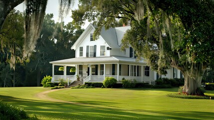 A white clapboard farmhouse with a wrap-around porch and a manicured lawn.