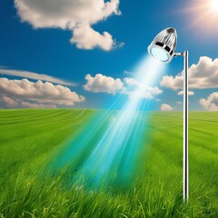 Insect clearing blue ray electric light on a green field, day time view, modern agricultural machine.