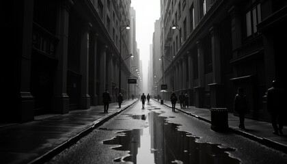 Fototapeta premium Dramatic noir-inspired city street with reflections and pedestrians in monochrome for urban storytelling
