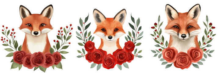 Obraz premium Animal, Roses, watercolor clipart. Three illustrated foxes surrounded by roses on a transparent background.