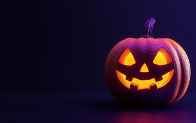 Halloween decoration concept featuring a single orange pumpkin against a dark purple background, with a clear copy space area for customization