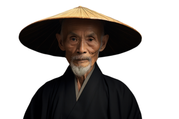 Elderly man in traditional Asian attire, featuring a dark silk robe and a bamboo hat, standing isolate on a white background.