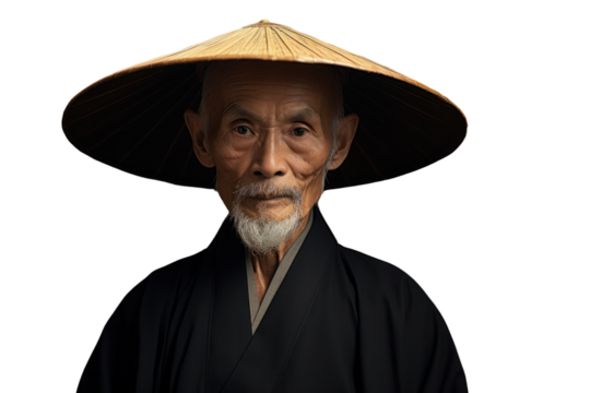 Elderly man in traditional Asian attire, featuring a dark silk robe and a bamboo hat, standing isolate on a white background.