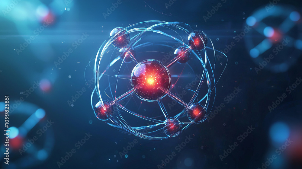 Poster visualization of atomic structure with electron orbiting nucleus in space