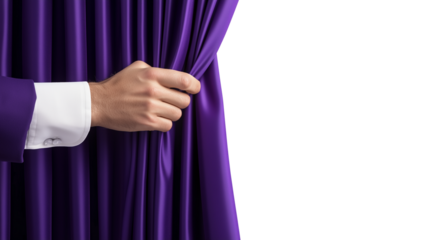 Man hand holding purple stage curtain isolated on transparent background