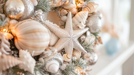 Coastal-themed seashell wreath with silver accents for a festive look.