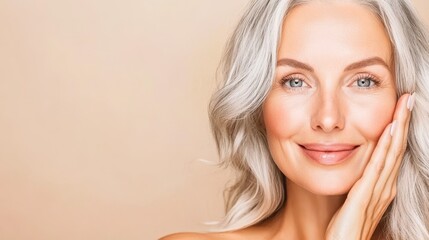 A senior woman with silver hair and radiant skin gently touching her face against a warm beige background, exuding confidence and elegance.