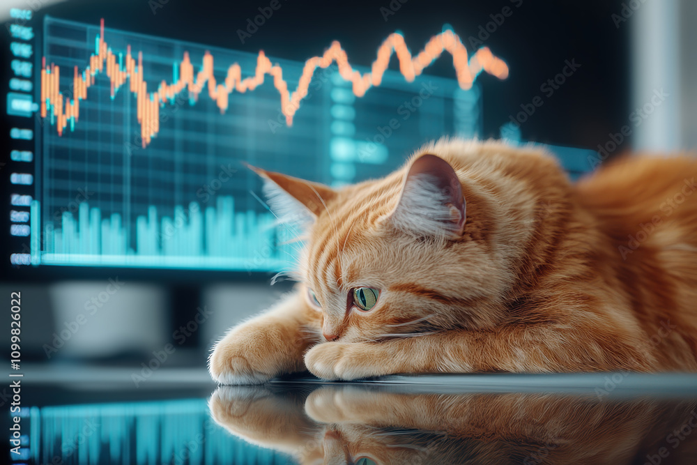Poster cats in the stock market concept. a relaxed orange cat lies on a reflective surface in front of a di